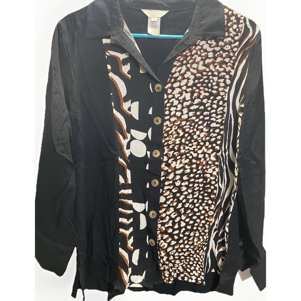 Multiples Women Large Black Mixed Animal‎ Print Patchwork Button Down Blouse Top